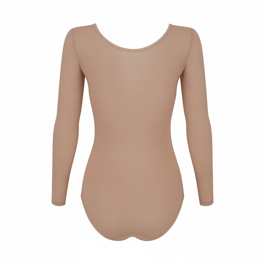 Wełniane body Astra w kolorze cielistym z długim rękawem, wykonane z elastycznej dzianiny.