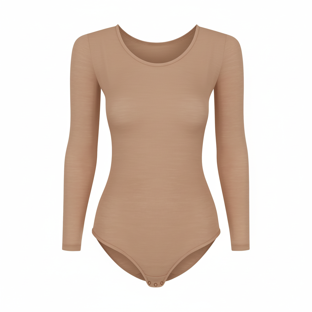 Wełniane body Astra w kolorze cielistym z długim rękawem, wykonane z elastycznej dzianiny merino.