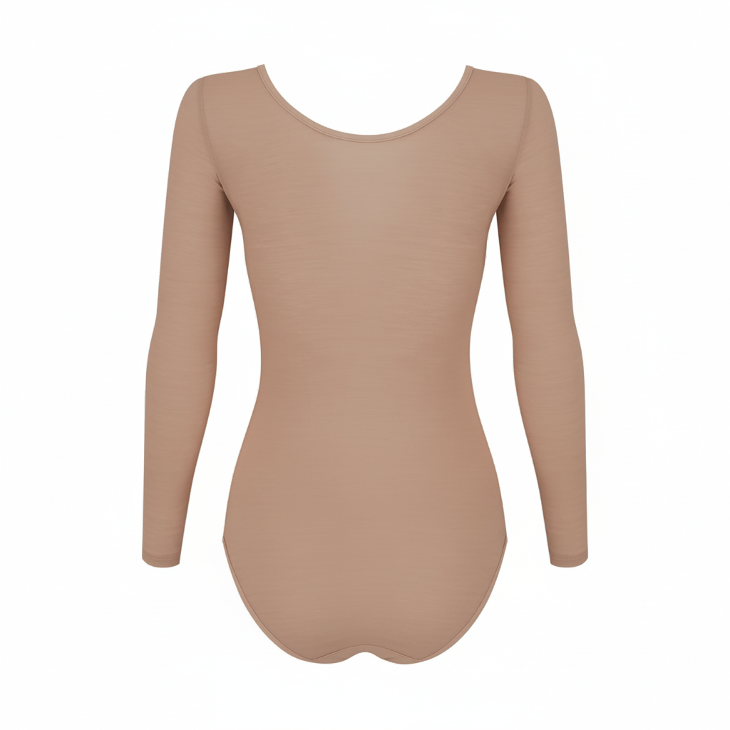 Wełniane body Astra w kolorze cielistym z długim rękawem, wykonane z elastycznej dzianiny.