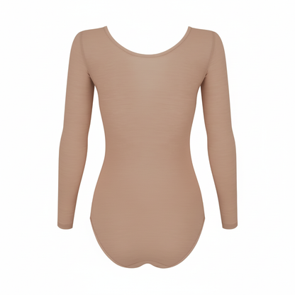 Wełniane body Astra w kolorze cielistym z długim rękawem, wykonane z elastycznej dzianiny.