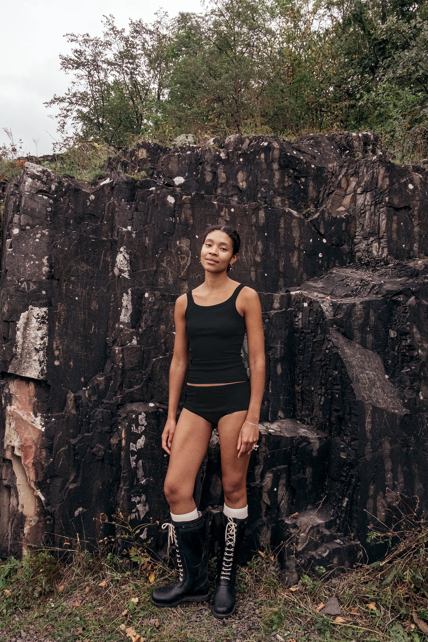 Merino wool panties on a model showcasing comfort and style in a natural setting.